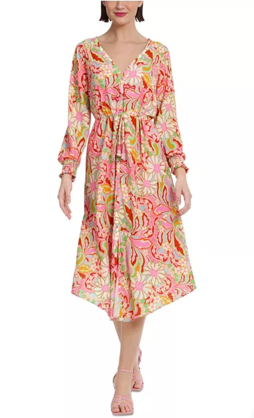 Donna Morgan NWT Womens Long Sleeve Floral Printed V-Neck Midi Dress Size 4